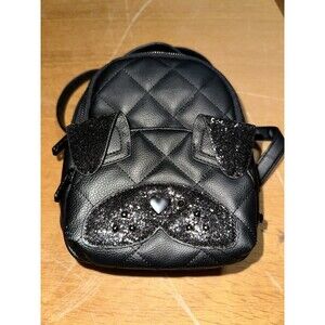 Betsey Johnson Black On Black Dog Face Mini Backpack Faux Leather Sparkles EUC